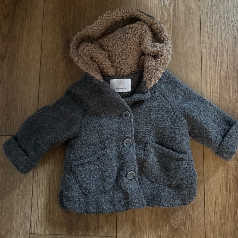Zara Kids Charcoal and Tan Pea Coat || 12-18 months